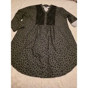 Rebel Raven Olive Green Leopard Print Lace Panel Button Front Tunic Top Large